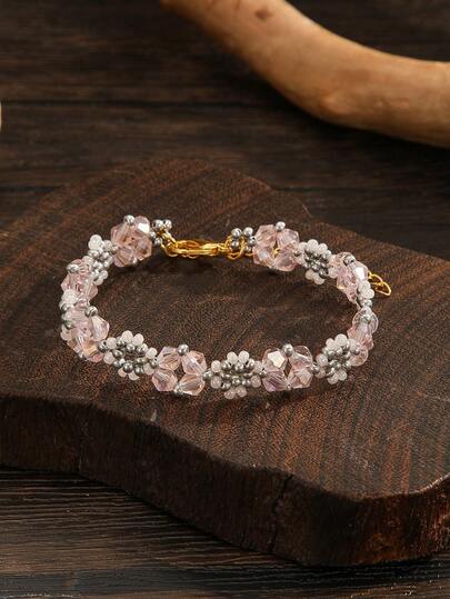 Handmade Beaded Crystal Pearl Jewelry Set, Bohemian Style Accessories, Fashionable Vintage Green Crystal Flower Bracelet And Earrings With White Pearl Accents, Silver Earring Hooks, Women's Fashion Jewelry, Versatile For Daily, Vacation, Party, Beach, Great Gift For Women, Holiday