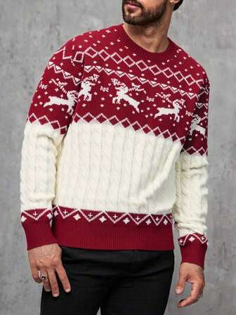 Suéter de Navidad para hombre, suéter rojo con estampado de renos