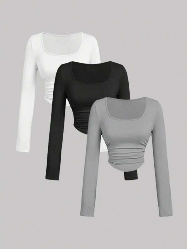 Conjunto de 3 piezas de camiseta de manga larga con cuello cuadrado y pliegues para mujer, ropa de abrigo, conjunto de otoño para dama, top para exteriores, ropa de vacaciones, nuevo año