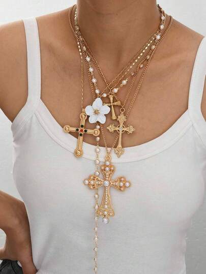 1/5pcs Fashionable Minimalist Elegant Vintage Cross & Faux Pearl Colorful Rhinestone Y-Shaped Layered Necklace, Suitable For Women As Vacation, Party, Daily Wear Gift