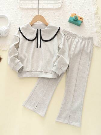 Humor Bear 2 件套女童休闲学院风彼得潘领长袖套头连帽衫和喇叭裤套装，秋季