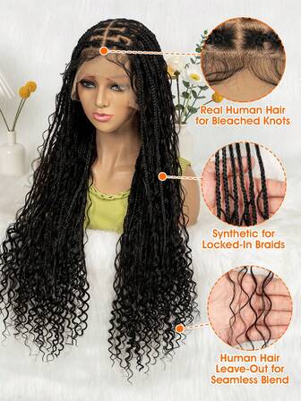 Synthetic Hair Mixed Wig, Handmade Braided Corn Braid Synthetic Hair, Fashionable Bohemian Style Full Lace Wig, Wavy Hairstyle Blended Human Hair -Free, Fashionable Wearing First Choice