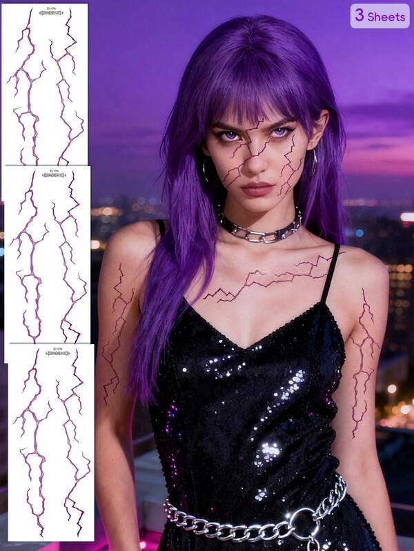 مجموعة ملصقات وشم البرق البنفسجي ثلاث قطع - مقاوم للماء وواقعي للوجه والجسم، مناسب لأسلوب الكي بوب والشيطان والجوتيك والمكياج الجريء للبالغين (للذراعين والساقين والوجه)