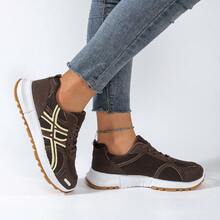 Women's Casual Outdoor Sports Shoes, Geometric Pattern, Synthetic Leather, Lace-Up, Mesh Panels, Suitable For Gym, All Seasons - Coffee Brown - View 4