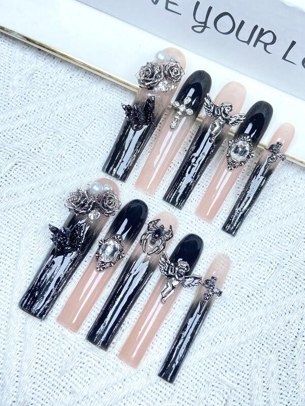 10 szt. Y2K Extra Long French Press On Nails, pełne pokrycie, sztuczne paznokcie, ręcznie robione, prasowane paznokcie z 3D błyszczącym wzorem wodnym DiamondDecor, dekoracja ze stopu, idealne na wesela, imprezy, walentynki, urodziny, prezenty świąteczne, idealnie dopasowane, wielokrotnego użytku zdobienia paznokci, 1 szt. żel żelowy/1 szt. mini paski polerujące, odpinany zestaw prasowanych paznokci, odpowiednie dla kobiet i dziewcząt na imprezy świąteczne i do codziennego użytku, produkty do paznokci