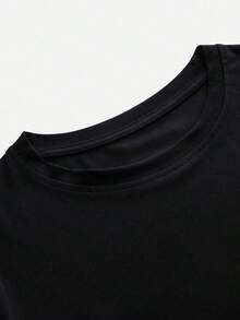 Camiseta informal de manga corta y cuello redondo con estampado navideño y letras, estilo femenino, perfecta para llevar en fiestas. Camiseta estampada para mujer - Negro - Ver 3