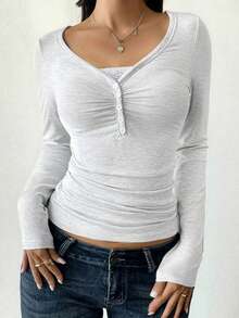 GAOVOT Women's T-Shirt Y2K Spring & Summer Casual Daily Sexy Solid Color Lace Contrast Color Fitted Long Sleeve Sexy V-Neck Top, Suitable For Valentine's Day Wear - White Flower Gray - View 3