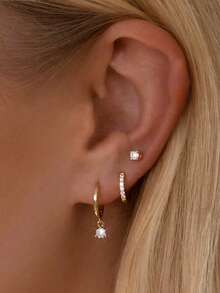Bộ 3 khuyên tai thời trang bằng đồng mạ vàng Zirconia, khuyên tai đinh tán, khuyên tai tròn, mặt dây chuyền, quà tặng đa năng cho nữ, sinh nhật, kỳ nghỉ, tiệc tùng, trang phục hàng ngày, năm mới, ngày lễ tình nhân - Nhiều màu - Xem 1