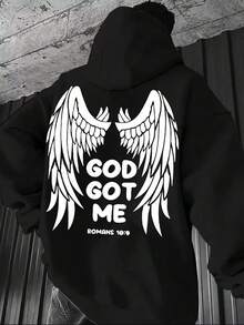 GOD GOT ME Print, Men's Casual And Cozy Hoodies,  Long Sleeve Hooded Sweatshirt, Casual Versatile Top For Autumn Winter,Fall Hoodies,Men's Fall Clothes,Street Wear,Halloween,Mens Hoodies,Y2k Clothes,Jesus Hoodie,Thanksgiving Day,Nightmare Before Christmas,Christmas - Black - View 1