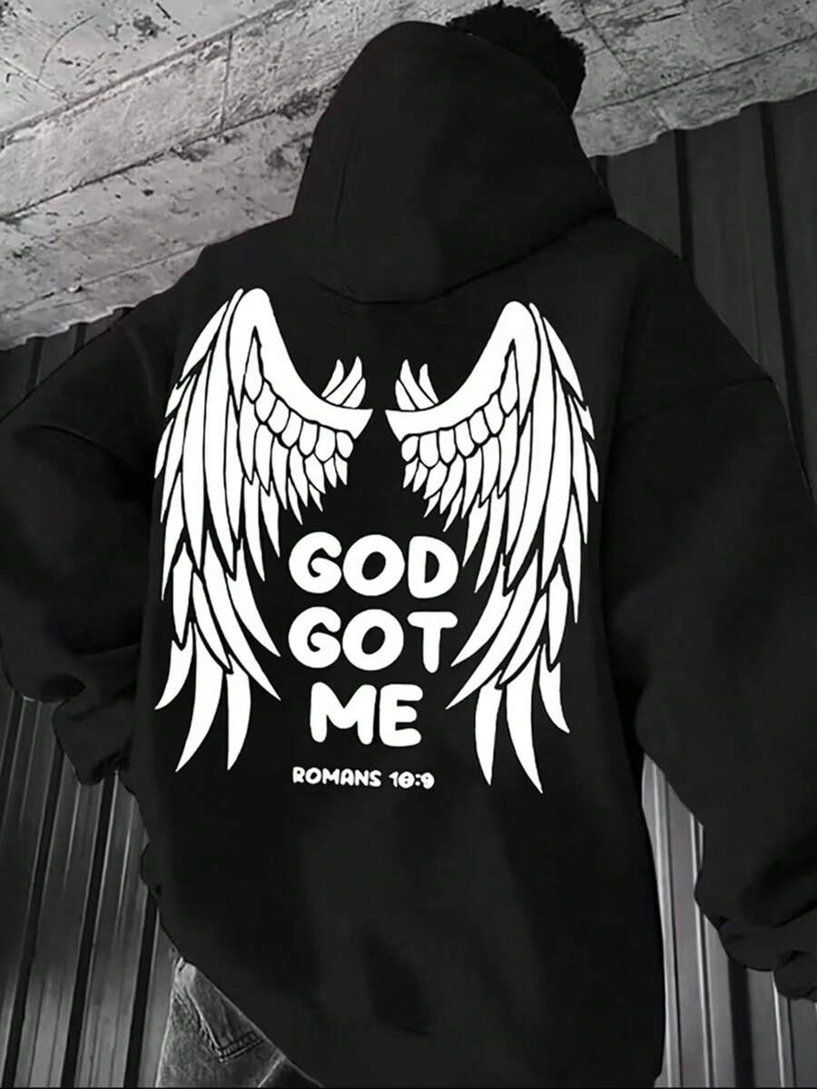 GOD GOT ME Print, Men's Casual And Cozy Hoodies,  Long Sleeve Hooded Sweatshirt, Casual Versatile Top For Autumn Winter,Fall Hoodies,Men's Fall Clothes,Street Wear,Halloween,Mens Hoodies,Y2k Clothes,Jesus Hoodie,Thanksgiving Day,Nightmare Before Christmas,Christmas - Black - View 1