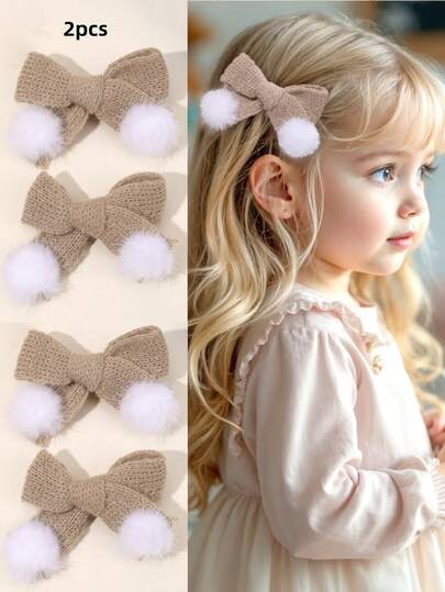 2 piezas Pinzas para el cabello con moño de punto marrón para niñas, moños de punto de colores pastel, pinzas para el flequillo con pompones lindos, pasadores para el cabello de tonos cálidos, barrettes para el cabello de uso diario dulce para niñas y adolescentes.