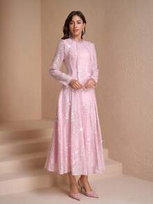 French Vintage Luxurious Sequins Embroidered Mesh Ruffle Trim Fitted Stylish Young Women Dress