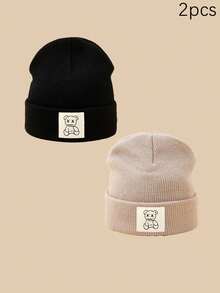 1/2/3pcs Unisex Line Bear Print Knit Beanie Hat, Soft Warm Casual Outdoor Fashion Headwear, Suitable For Daily Wear