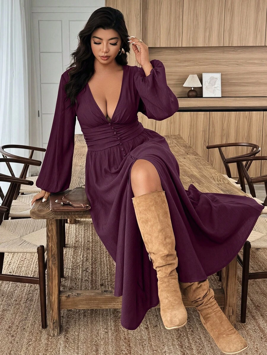 Đầm UrbanChic cỡ lớn cổ chữ V sâu, tay phồng, xẻ tà, thích hợp cho mùa tựu trường, Ngày Nhà giáo, dự đám cưới, tiệc sinh nhật, mùa thu/đông, Halloween và các dịp khác. - đỏ sẫm - Xem 1