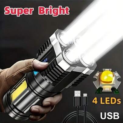 Ultra-Bright USB Rechargeable LED Flashlight - High Lumens, COB & 4X LED Technology, Handheld Tactical Torch For Camping & Emergencies, Includes USB Cable