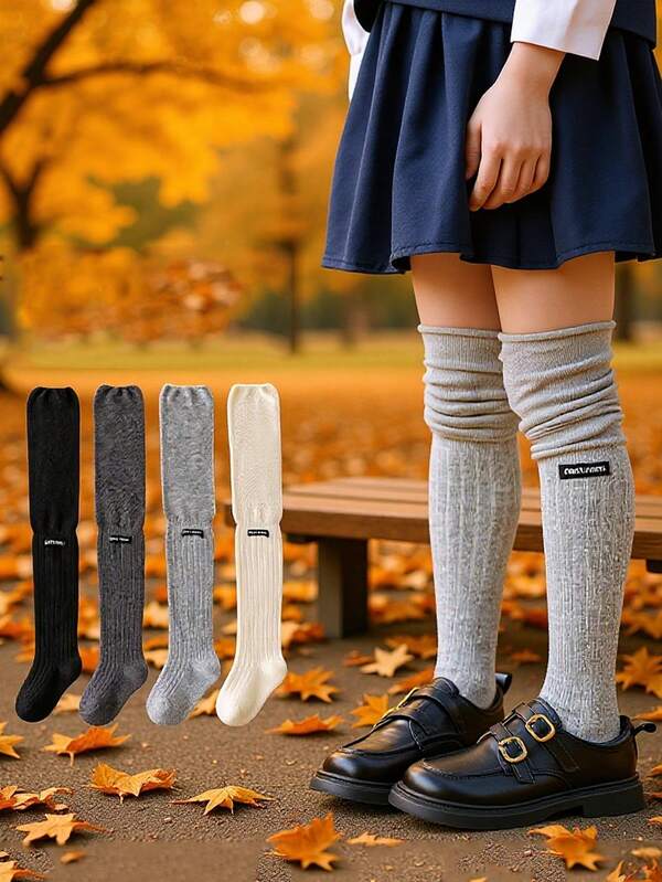 Medias altas hasta el muslo de unicolor, estilo coreano de princesa, versátiles para estudiantes, para otoño/invierno