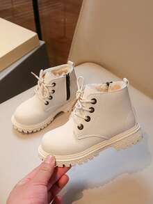 1 Pair Beige Thermal Lined Warm Ankle Boots For Toddlers & Kids, Soft & Comfortable Elastic Plush + PU Material, Warm Zipper Design Round Toe Soft Sole, Simple & Fashionable, Suitable For Boys & Girls Indoor/Outdoor Wear, Autumn/Winter New - Beige - View 5