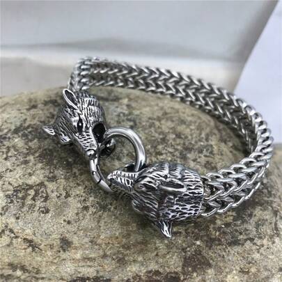 سوار ذئب رأس أوروبي وأمريكي من الفولاذ التيتاني الشمالي للرجال، سوار فايكنج سلتي مزدوج