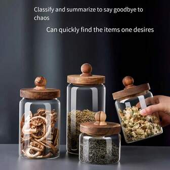 1件套高端木珠盖储物罐，厨房散装颗粒圆形简约高硼硅玻璃茶叶咖啡豆干果零食罐，有促销活动，性价比高的产品
