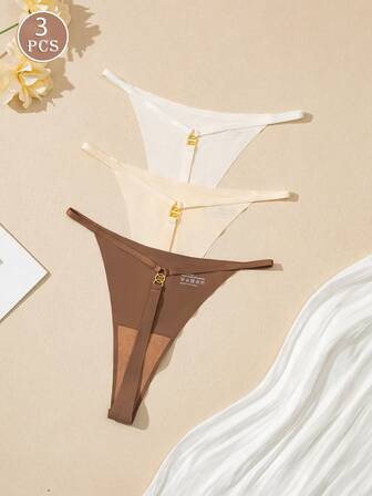 3pcs/Set Women's Low Waist Seamless Thong Panties, Sexy Camisole Seamless Underwear, Minimalist Solid Color With Metal Ring Splice, Suitable For Daily Wear And Party