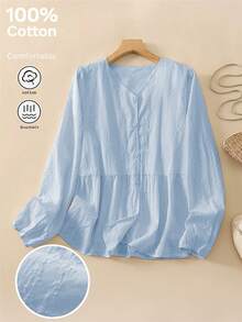 Áo blouse thêu tay dài cổ chữ V cạp cao ngọt ngào dành cho nữ, thích hợp mặc đi làm vào mùa xuân và mùa thu - Màu xanh nhạt - Xem 4