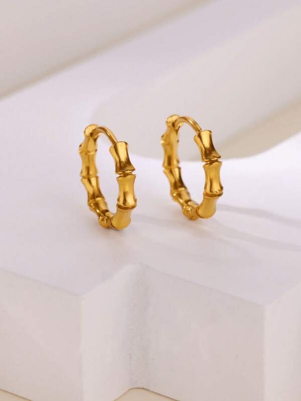 1 Pair Vintage Bamboo Round Hoop Earrings For Women Stainless Steel Gold Color Piercing Earring 2025 New Fashion Wedding Couple Jewelry Gift