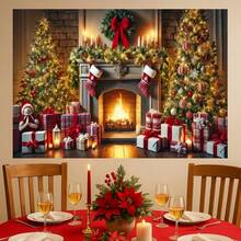 1 Peça Cenário de Bottom com Tema de Natal de Inverno com Papai Noel, Duendes, Lareira Crepitante, Árvore de Natal, Cena de Janela Nevada, Guirlanda, Meias, Caixas de Presente e Mais Elementos Decorativos Ideais para Festas de Natal, Reuniões Familiares e Adereços de Cabine Fotográfica, Material de Vinil