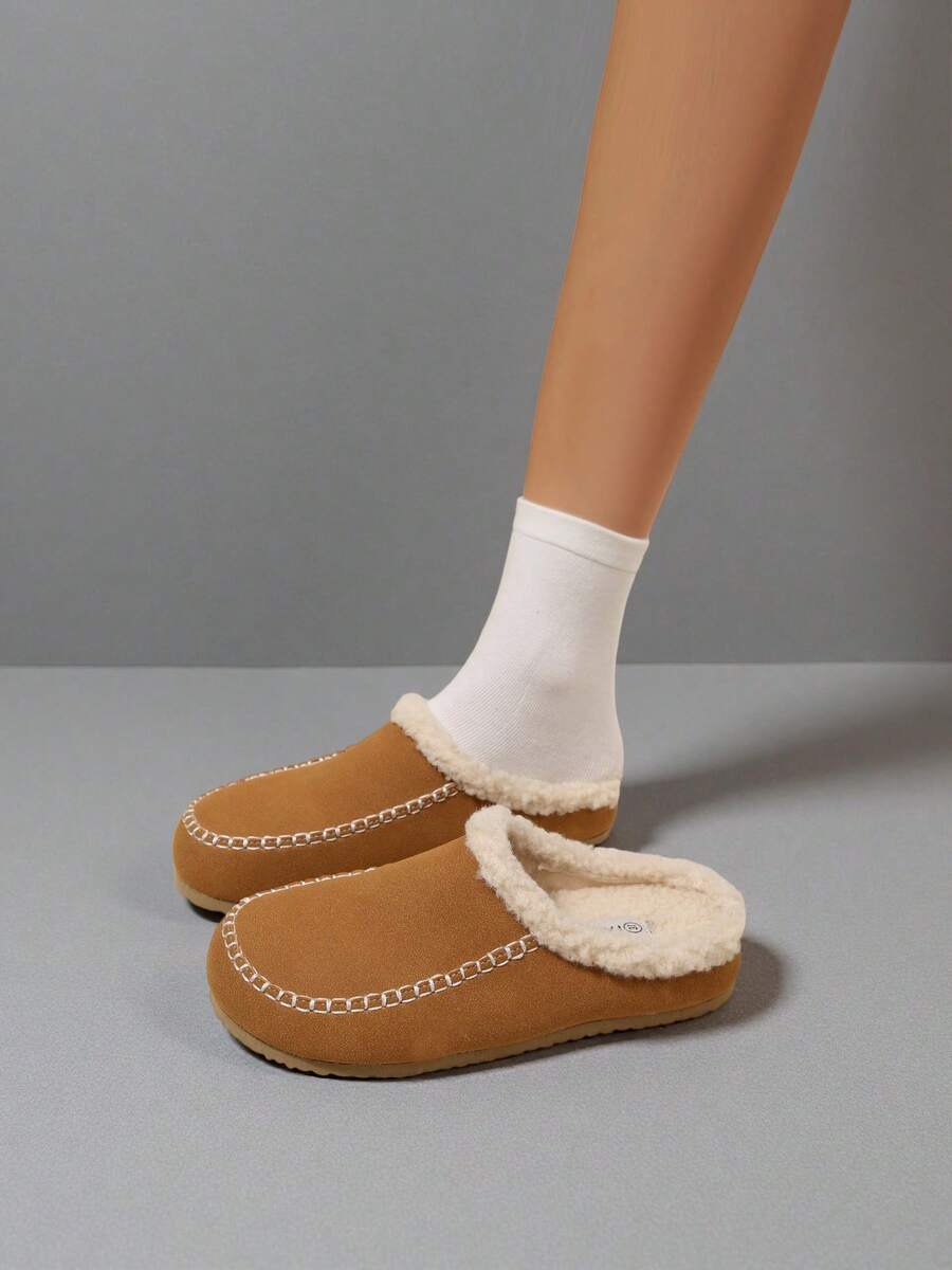 Sandali scorrevoli casual e versatili da donna con suola spessa, scarpe piatte comode con fodera termica, adatte per il calore autunnale/invernale e l'uso casual/interno quotidiano, mocassini con punta tonda - Cammello - Visualizzare 1