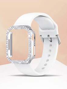 Compatible With Apple Watch Band And Compatible With Apple Watch Case Cover, Soft & Comfortable Ultra-Thin White Silicone Compatible With Apple Watch Band, Suitable For Outdoor Sports, Fitness, Yoga, Waterproof & Sweat-Proof Compatible With Apple Watch Ultra 3/2/1 SE /S10/S11/S9/S8/S7/S6/S5/S4/S3/S2/S1, Comes With Shiny Double-Row Rhinestone Electroplated Silver Protective Case Cover