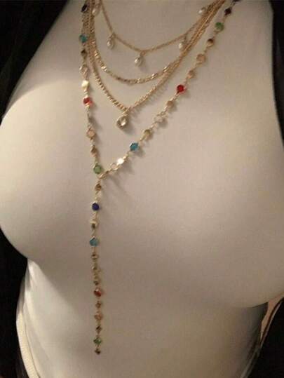 2 Peças Conjunto de Colar em Formato de Y, Conjunto de Colar Elegante Minimalista e da Moda, Vintage, Geométrico, Gota Colorida, Cristal Falso, Pérola, Borla, Multicamadas, Adequado para Feriados, Festas, Encontros, Presentes, Uso Diário