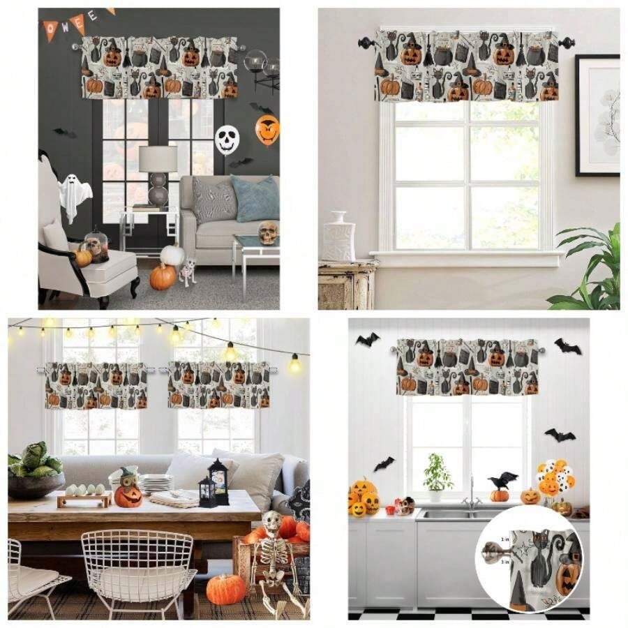 Cenefas de Halloween con ventana de calabaza con sombrero de bruja, cenefas de cocina, bolsillo para barra, estilo retro, cortinas cortas para cocina, bao, sala de estar, 1 panel, 54x 18 pulgadas - 45.7An x 2.5Al cm (1 Paneles) + Halloween3749 - Ver 1