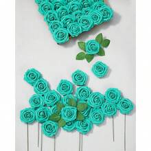 50Pcs Artificial Roses With Stems Real Touch Foam Flowers For DIY Wedding Bouquet, Baby Shower Centerpiece, Floral Arrangement, Party & Home Decor (Mint Green) - 水鴨藍 - 查看 3