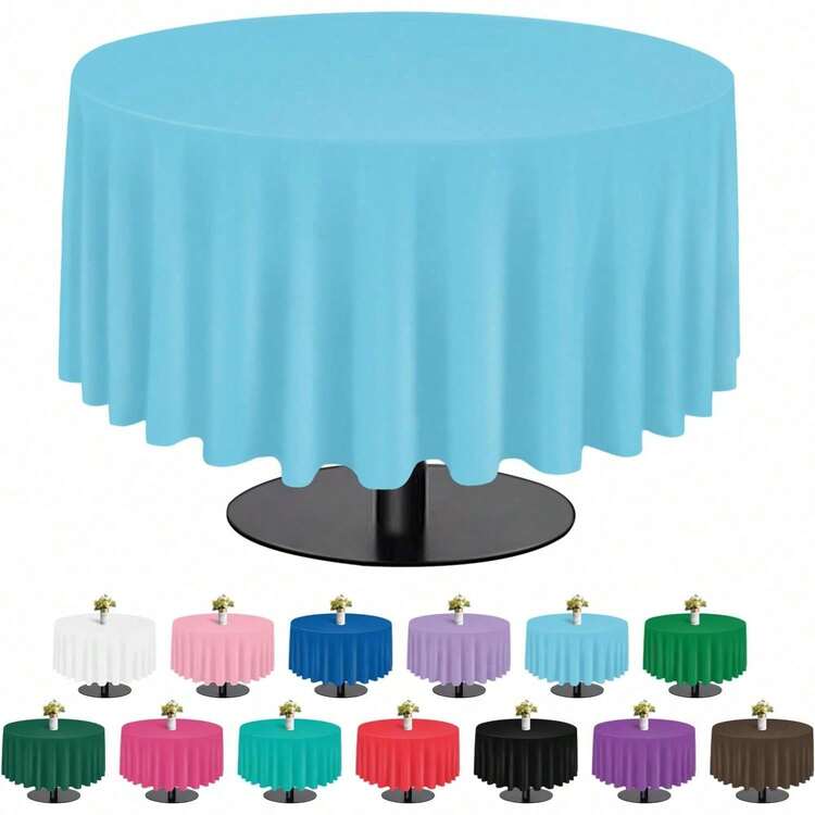Red 6 Pack Plastic Table Cloth 84", Disposable Round Tablecloth Table Cover, Plastic Tablecloths For Parties-END - Light Blue - View 11