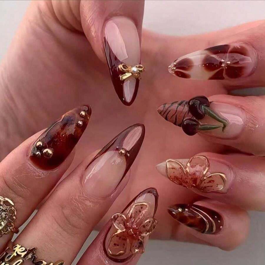 Foccna Press On Nails Medium Tortoiseshell Fake Nails Almond Glossy False Nail Tips Artificial Nails Finger Manicure For Women -24pcs, Gorgeous Nails - 白色 - 查看 1