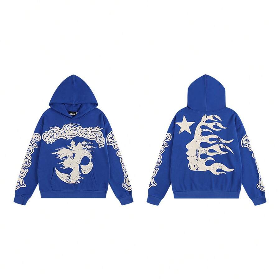 Hoodie, Retro Letter Print Hoodie, Men's Streetwear Long-Sleeve Hooded Sweatshirt, Couple Matching Outfit Sweatshirts - H501藍色 - 查看 1