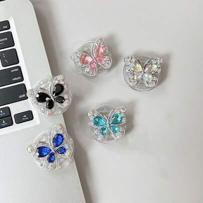 1个韩版ins风高端水钻蝴蝶手机支架，粘性可伸缩慵懒桌面支架，适用于观看视频，兼容、安卓手机，生日礼物，送给家人、朋友的礼物，生日推拉式手机支架