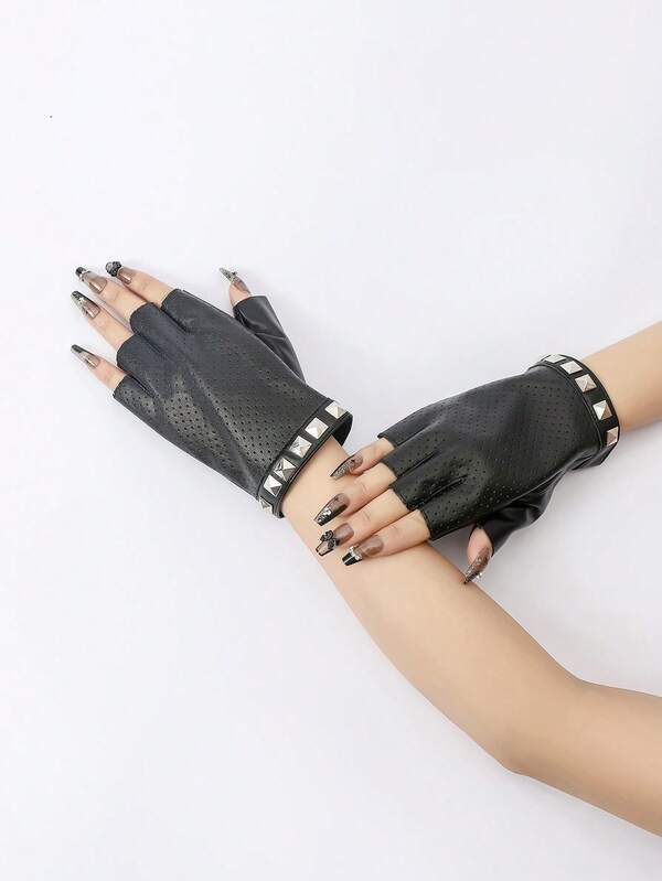1 Pair Punk Style Rivet PU Leather Breathable Fingerless Gloves, Suitable For Outdoor Sports, Music Festivals And Party Occasions