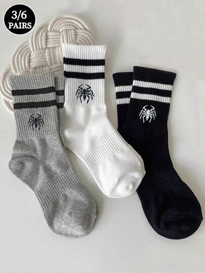 1/3/6 双男/女蜘蛛条纹设计透气休闲运动袜，舒适时尚的袜子，适合搭配运动鞋或休闲鞋，棉袜，秋季袜子