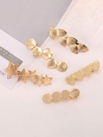 1pc Simple Golden Duckbill Clip Pentagram Heart-Shaped Leaf Alloy Hair Clip Side Clip Hairstyle Decoration Accessory Suitable For Girls' Daily Wear