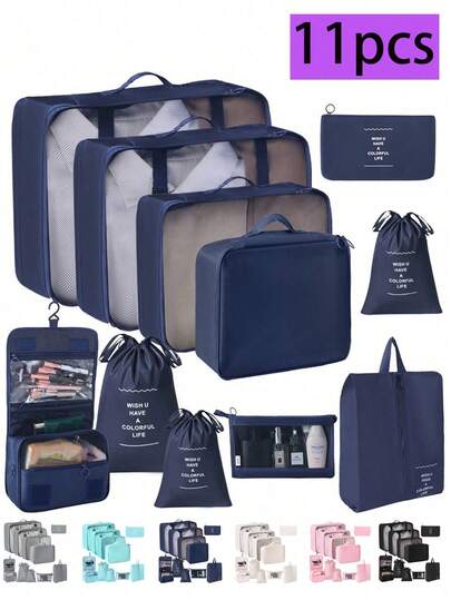 Conjunto de organizadores de bagagem de viagem com 11 peças - cubos de embalagem, bolsa de higiene pessoal, bolsas de compressão, bolsas para roupas, bolsa de cosméticos, bolsa para sapatos, bolsa para roupa suja, organizador de itens essenciais de viagem para maquiagem, cuidados com a pele, artigos de papelaria, eletrônicos, presente de Natal