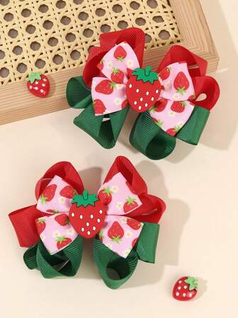 2 件圣诞装饰红色和黄色织物蝴蝶结发夹，草莓和蜜蜂配饰发饰蝴蝶结，花朵发夹，适合女孩青少年派对礼物