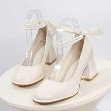 Women's Fashionable High Heels, Lace-Up High Heels, Thick Heels, Shiny Uppers, Bow Decoration, Simple And Elegant Appearance, Suitable For Going Out To Parties, Commuting To Work, Comfortable To Wear - 白色 - 查看 2