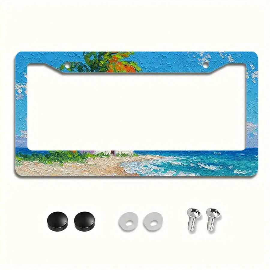 1pc Aluminum License Plate Frame - Coastal Beach Scene With , Rusty Red Roof & Palm Tree - Heavy-Duty Metal Construction - Scratch & Dent Protection - Easy Installation With Pre-Drilled Holes - Fits US Standard Plates - Car Exterior Decoration For Beach House, Tropical Decor - (6.3x12.2 Inches/16x31cm), Beach Theme Decor, Tropical Aesthetic, Vibrant Design, Durable Construction, Vehicle Customization, Weatherresistant Material, Home - 6.3x12.2inch(16x31cm) X1pc - View 1