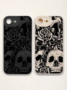 2个复古骷髅花卉印花手机壳，深色系手机壳，黑白手机壳，兼容和Galaxy手机，手机保护套 - 彩色 - 查看 43
