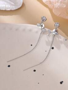 Nooxian 1 对浪漫银玫瑰花耳钉带流苏，时尚花卉元素耳环，适合女士，独特而优雅 - 銀色 - 查看 5