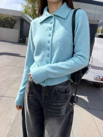 HoloChill Women's Casual Style Solid Color Round Neck Button Ribbed Cardigan, Christmas Edition, New For Autumn/Winter 2025