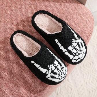 Bestselling Autumn/Winter Slippers, Halloween Skull Embroidery & Print Indoor Home Slip-On Slippers, Unisex Couple Slippers, Plus Size One-Piece Slippers