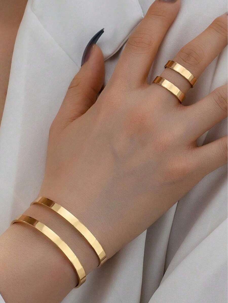 Minimalist Bracelet/Bangle And Ring Set - 18k Gold Plated And 925 Silver, Modern Elegance - Dorado - Ver 1