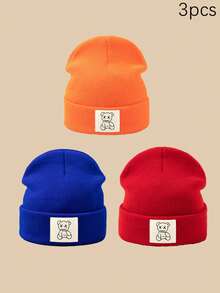 1/2/3pcs Unisex Line Bear Print Knit Beanie Hat, Soft Warm Casual Outdoor Fashion Headwear, Suitable For Daily Wear