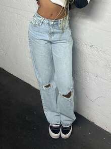 Women's Mid-Rise Light Wash Ripped Straight Leg Jeans, Loose Fit, With Pockets, Essential For Daily Casual, Commute, Holiday Vacation And Dating - Rửa nhẹ - Xem 5